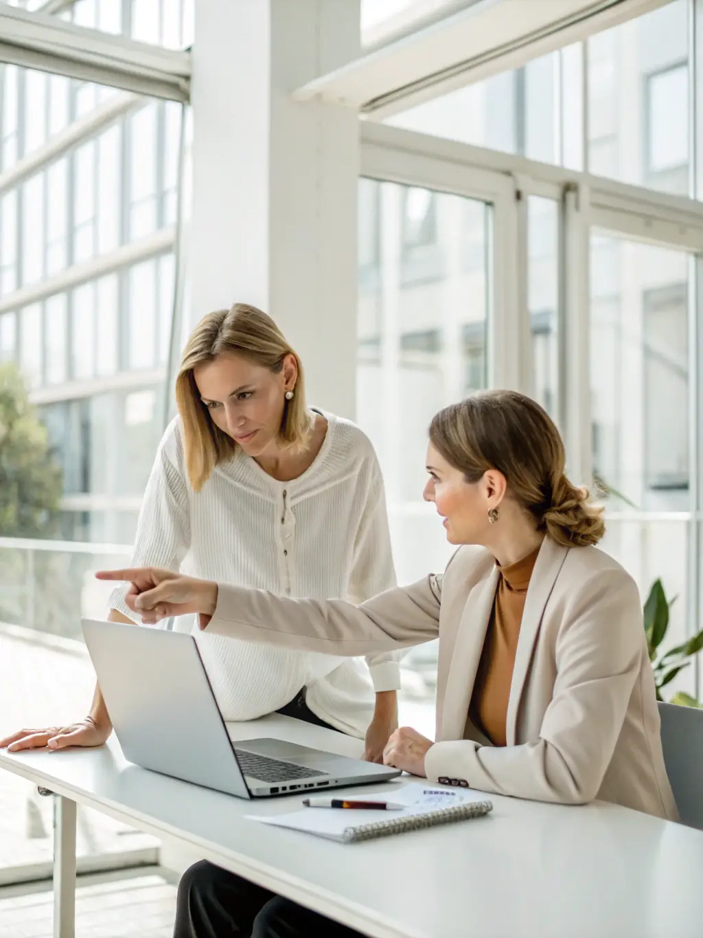 A professional coach engaging with a client in a modern office setting, discussing strategies with a laptop and notes, representing One-on-One Business Coaching.