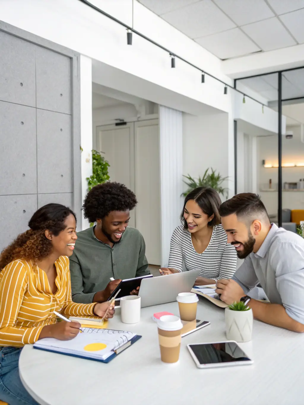 A diverse group of professionals collaborating around a table, brainstorming ideas and strategizing for business growth in a modern office setting.