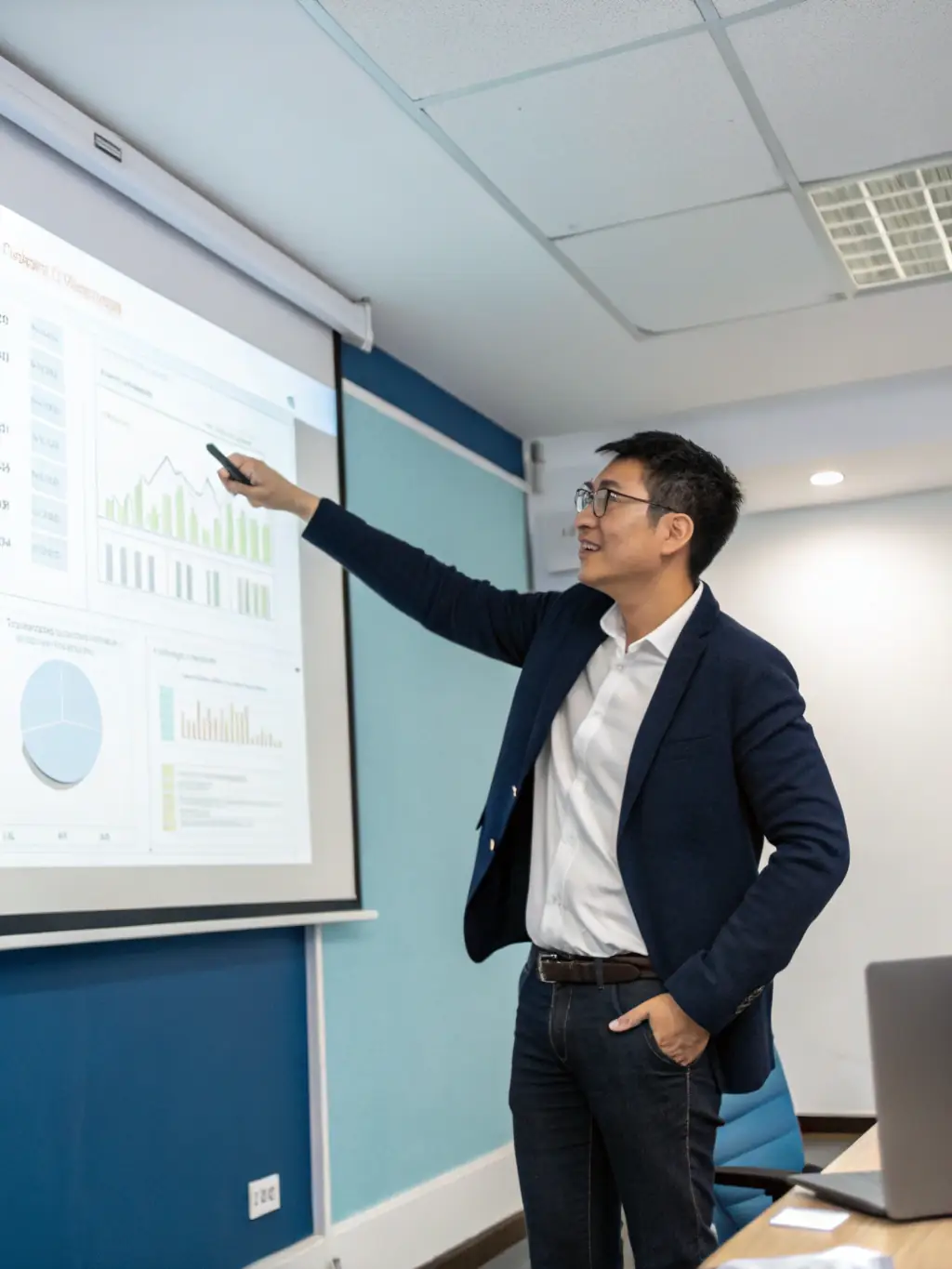 A professional business coach in a suit, smiling confidently while gesturing towards a whiteboard filled with strategic plans and growth charts during a coaching session.