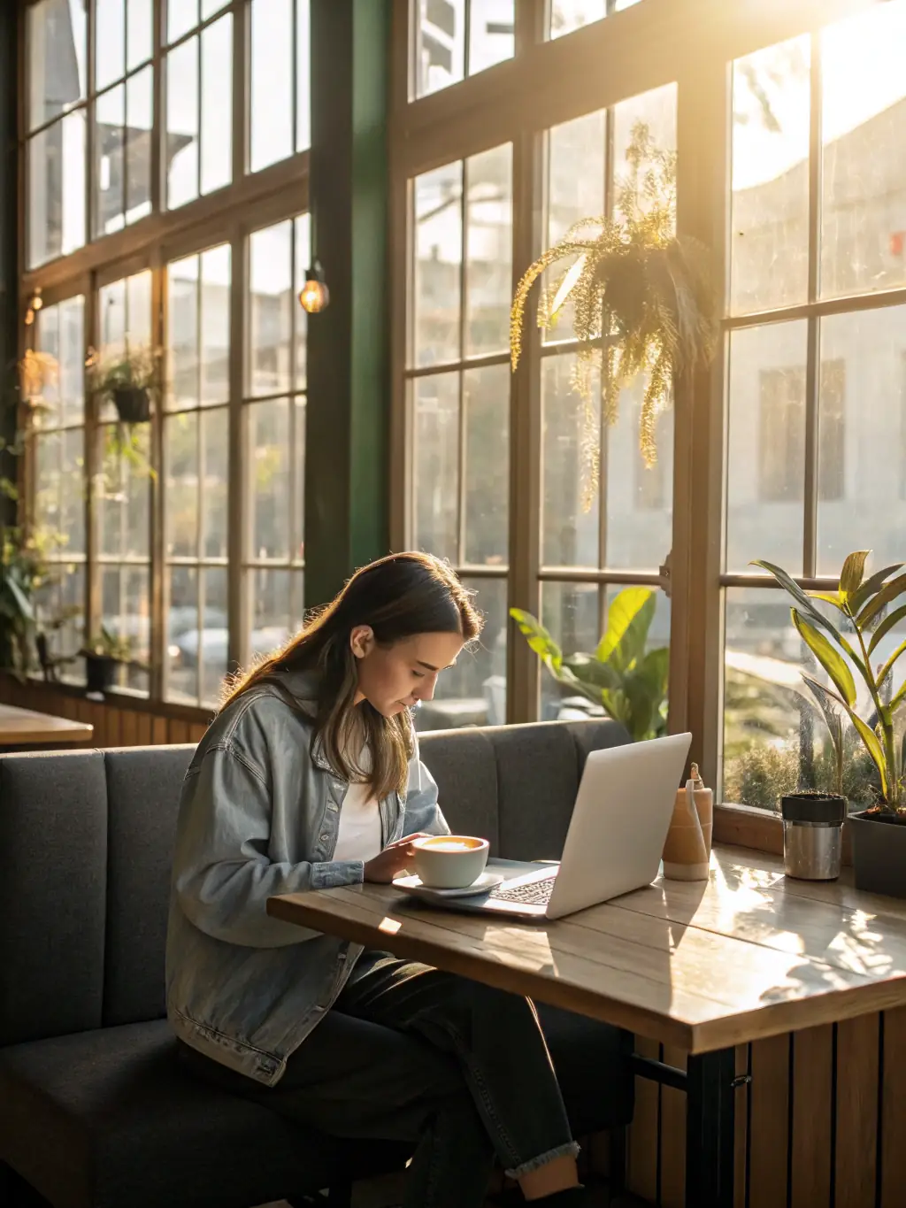 A business owner working on a laptop in a cozy cafe, looking focused and determined while planning their business strategy with coaching guidance.